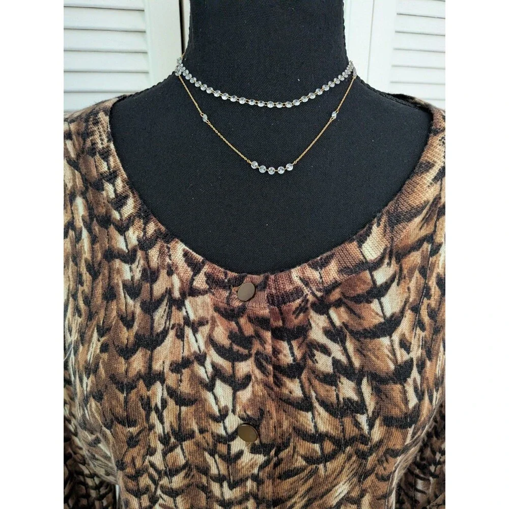 Talbots Pure Merino Wool Cardigan Sweater Womens XL Brown Feather Print Academia